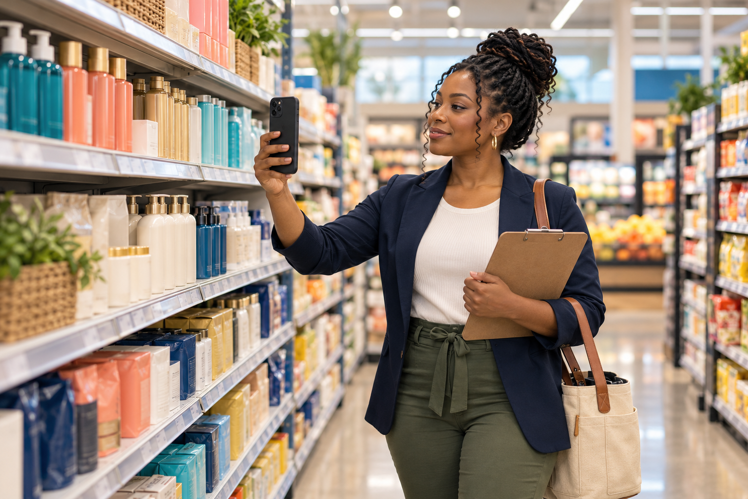 A retail store auditor photographing a shelf display with her smartphone